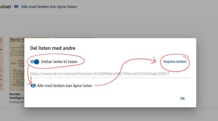 Skjermdump med tusjmarkeringer som viser at knappen Delbar lenke til listen er på, og at man kan kopiere lenken for å del med andre