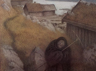 Maleri, landsby, svartkledd kvinne med ljå
