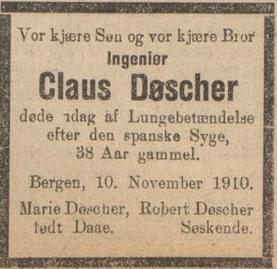 dødsannonse spanskesyken, mann 38, Claus Døscher