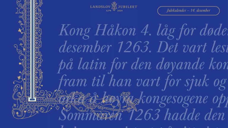 Tekst fra Nasjonalbibliotekets julekalender. Kongeblå bakgrunn. Illuminasjoner i gull og sølv og turkis.