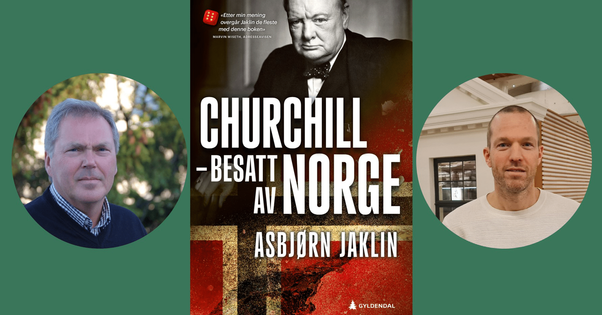 Et bokomslag av Winston Churchill i midten, på siden er det portrett av to menn