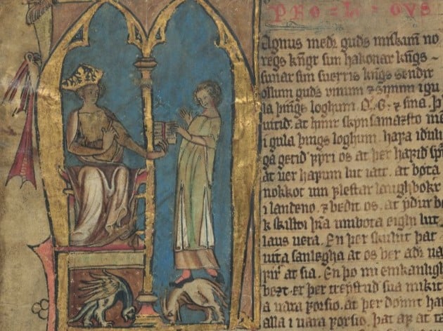 Bildet viser en del av siden til manuskriptet Codex Harderbergianus med illuminasjon som fremstiller kong Magnus Lagabøte som sitter på tronen og overrekker Landslovboka til en lagmann. Bak de strekker en blå bakgrunn seg, mens de er omgitt av gule buer som danner en arkitektonisk ramme og samtidig bokstaven M.  