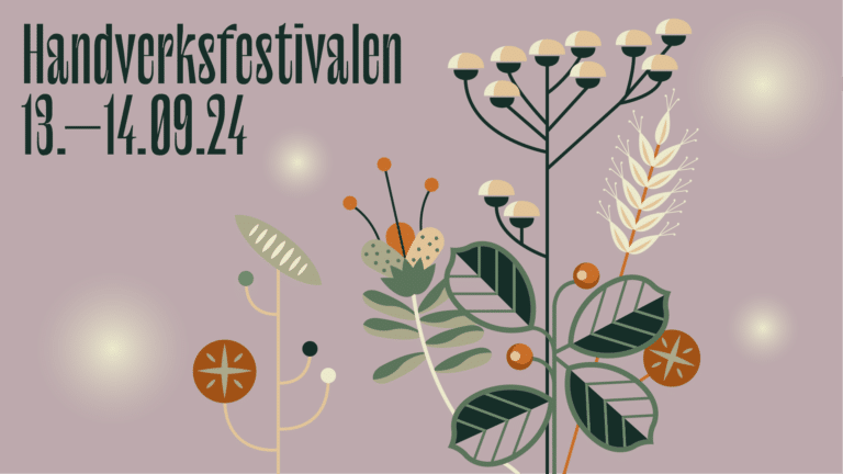 Illustrasjon av blomster og vekster i hvitt, oransje, grønt og brunt. Tittelen Handverksfestivalen 13 til 14 september står øverst.